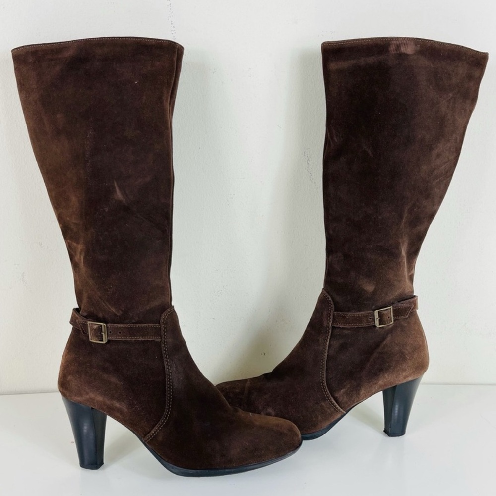La Canadienne Brown Suede Weatherproof Insulated Tall Side Zip Heel Boots
